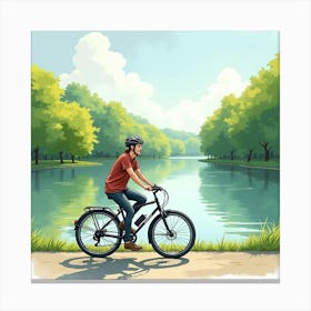 Cruiser Bike Beside A Calm River With Lush Greenery Watercolor 1 Canvas Print