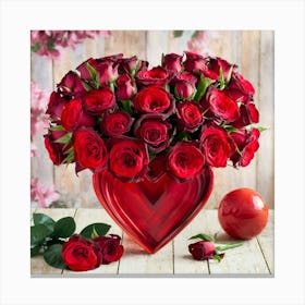 Red Roses In A Heart Vase 3 Canvas Print