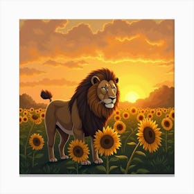 Lion In Sunflower Field Sunset 1 Canvas Print