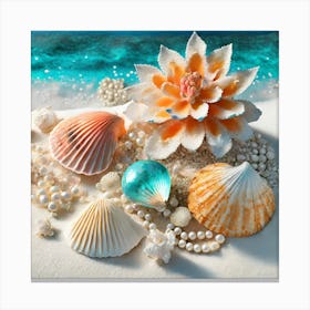 Firefly A Beautiful Feminine Flatlay Of Exotic Seashells, Corals, And Pearls On White Sands And Ocea (3) Canvas Print