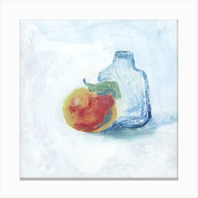 Apple And A Glass Bottle painting still life kitchen dining white light square Canvas Print