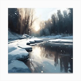 Winter Woodland Landscape, River Reflections 2 Canvas Print