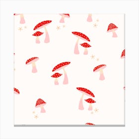 Mushrooms Red And Pink On White Square Canvas Print