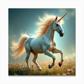 A Mythical Unicorn With A Mane Of Sparkling, Celestial Dust Galloping Through A Surreal Meadow 1 Canvas Print