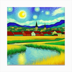 Echoes of Simplicity: A Charming Village Starry Night Canvas Print