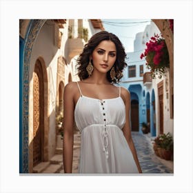 Beautiful Woman In White Dress, Tunis Street Sidi Bou Said Canvas Print