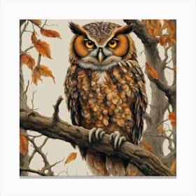 Orange Eyed Owl Perched On Bare Tree Branch Vibrant Autumnal Foliage 1 Canvas Print