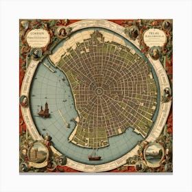 A Vintage Map, Of A Historic City With Ornate Borders And Labels art print 10 Canvas Print