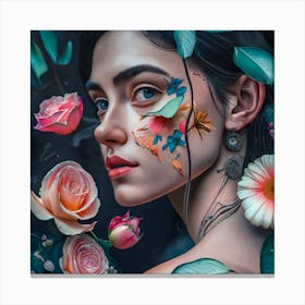 Beautiful Girl With Flowers On Her Face Canvas Print