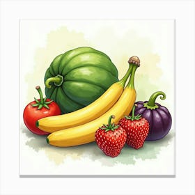 Fresh Fruits And Vegetables Arranged Elegantly With A Watercolor Background 1 Canvas Print