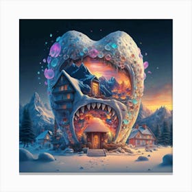 , a house in the shape of giant teeth made of crystal with neon lights and various flowers 14 Canvas Print