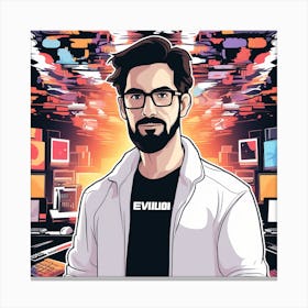 Create A Vivid Image Of A Man Standing In Front Of A Computer, Holding A Keyboard And Mouse 2 Canvas Print
