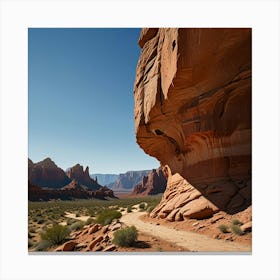 A Picturesque Canyon With A Winding Hiking Trail, Red Rock Formations, And A Vibrant Blue Sky 2 Canvas Print