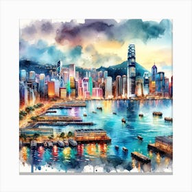 Watercolor Of Hong Kong Skyline Canvas Print