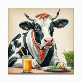 Cow At The Table Canvas Print