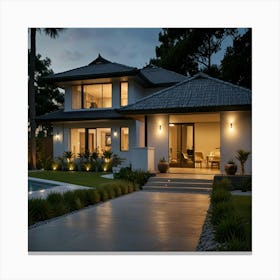 Modern House At Night Canvas Print