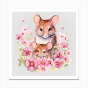 Watercolor Spring Mama And Baby Mice Canvas Print