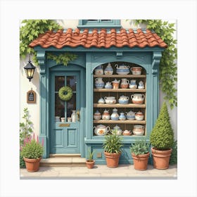 A Quaint English Pottery Shop With Handmade Ceramics, Watercolor Style 1 Canvas Print