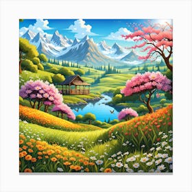 Landscape With Trees And Flowers Canvas Print