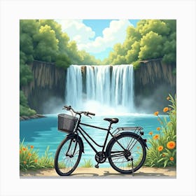 Elegant Bike By A Picturesque Waterfall In Watercolor Scene 1 Canvas Print