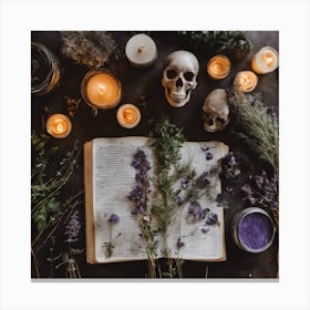 Spellbook, candles and skull Canvas Print