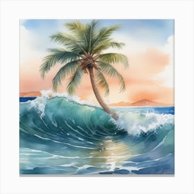 Palm Tree In Sea Watercolor Canvas Print