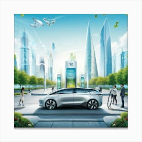 Illustration Depicting A Sleek Futuristic Electric Vehicle At A Central Charging Station Buzzing W 1 Canvas Print