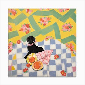 Pastel Colours Black Dog In A Picnic Blanket Canvas Print