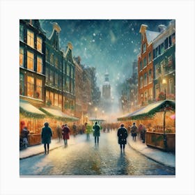 Amsterdam cafes, winter season, Christmas, autumn oil colors, pale colors, pedestrians in the street, winter clothes, falling snow.7 Stampe su tela