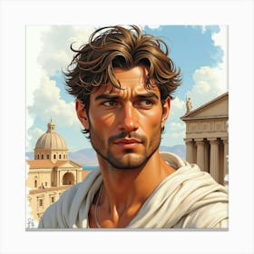 A Watercolor Painting Of A Greek Man With Captivating Eyes And A Historical Backdrop 1 Canvas Print