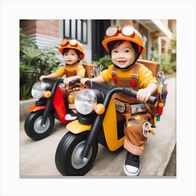 Two Asian Children On Motorcycles Canvas Print