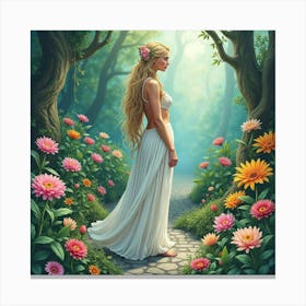 Watercolor Persephone In A Lush, Blooming Underworld Garden 1 Canvas Print