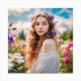 Beautiful Girl In A Flower Field Canvas Print