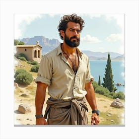 A Watercolor Portrait Of A Greek Man With A Rugged Charm, Set Against A Rustic Landscape 1 Canvas Print