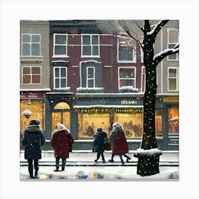 Amsterdam cafes, winter season, Christmas, pale colors, pedestrians in the street, winter clothes, falling snow.6 Canvas Print