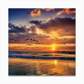 Sunset With Seagulls 2 Canvas Print