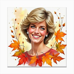 Smiling Princess Diana With Colorful Watercolor Autumn Leaves Around 1 Canvas Print