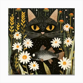 Black Cat With Fish 5 Canvas Print