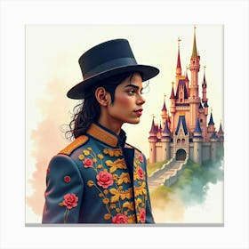 Michael Jackson With A Watercolor Fantasy Castle Backdrop 1 Canvas Print