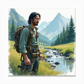 Watercolor Painting Of Keanu Reeves Near A Peaceful Mountain Stream 1 Canvas Print