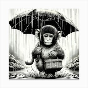 Monkey Holding An Umbrella In The Rain, Ink Drawing 1 Canvas Print