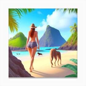 Woman Walking Dog On The Beach Canvas Print