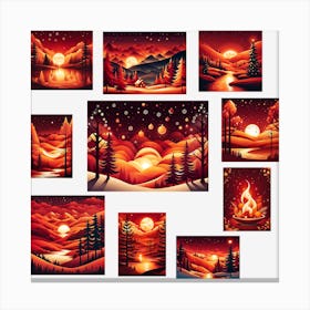Sunset In The Christmas Forest, Christmas Tree art, Christmas Tree, Christmas vector art, Vector Art, Christmas art, Christmas, Red forest, Collage ,  collage Art Canvas Print