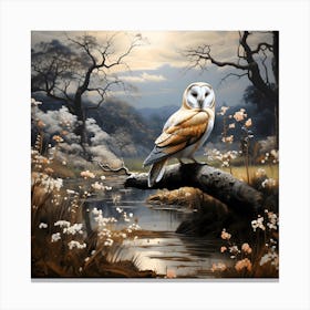 Barn Owl Above Countryside Stream 1 Canvas Print