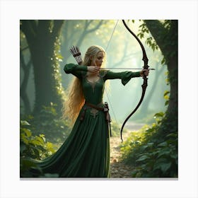 Elegant Elven Archer With A Bow, Poised To Shoot In A Mystical Forest Glade 1 Canvas Print