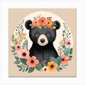 Floral Baby Black Bear Nursery Illustration (33) Canvas Print