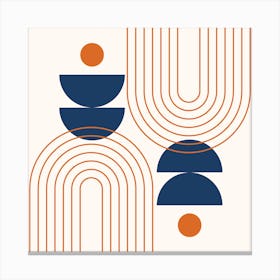 Mid Century Modern Geometric Rainbow, Sun and Moon Phases Abstract in Navy Blue Orange Theme 1 Canvas Print