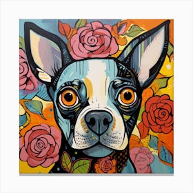 Boston Terrier With Roses Canvas Print