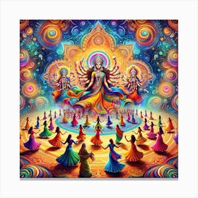 A Psychedelic Depiction Of Navratri Festival With People In Colorful Traditional Attire Dancing Garba And Dandiya In A Swirl Of Vivid Colors, Surroun Canvas Print