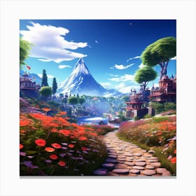 Fairytale Landscape, Tropical Landscape With Trees, blue sky, wall art, trees, flowers, and sun. good look, Canvas Print